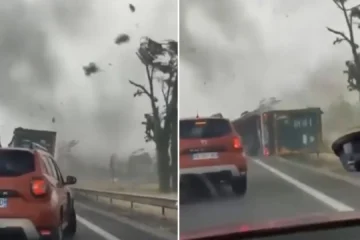 El momento en el que un tornado azota una autopista en Francia y vuelca un camión