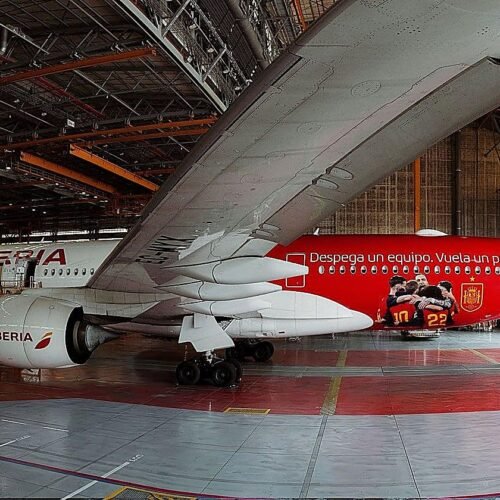 El avión de Iberia vinilado con los jugadores de la selección española aterriza en Buenos Aires solo tres días después de la final